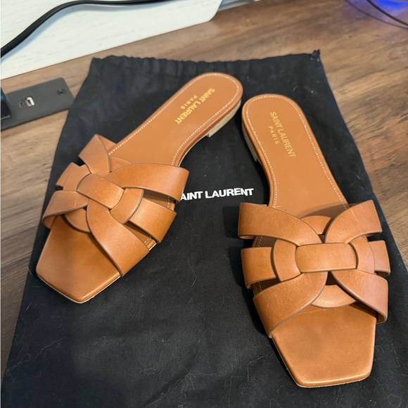 Saint Laurent Tan Tribute Mules Leather Women's Slides- 38 - Picture 1 of 5